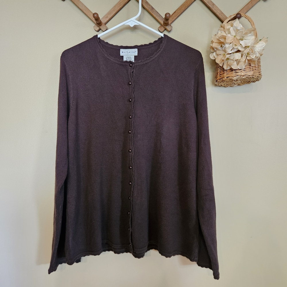 White Stag Mocha Brown Cardigan Chocolate Pearl Buttons XL Scalloped Neckline